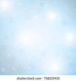 Winter blue sky with falling snow, snowflake. Holiday Winter background for Merry Christmas and Happy New Year. Vector illustration