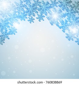 Winter blue sky with falling snow, snowflake. Holiday Winter background for Merry Christmas and Happy New Year. Vector illustration