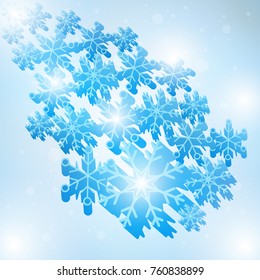 Winter blue sky with falling snow, snowflake. Holiday Winter background for Merry Christmas and Happy New Year. Vector illustration