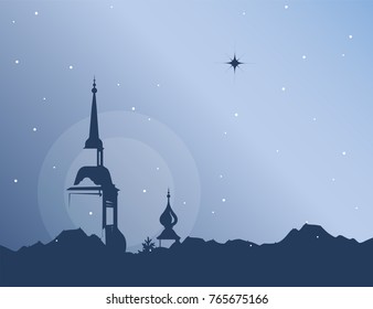 Winter blue sky with falling snow, snowflake. Holiday Winter background for Merry Christmas and Happy New Year. Vector illustration