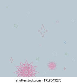 Winter Blue Sky Red Green Ornament. New Year Christmas Snowflake Holiday Cozy Background. Print Magic Stars Grey Mandala Pink Composition. Mystery White Pastel Luxury Chaotic Colorful Background.