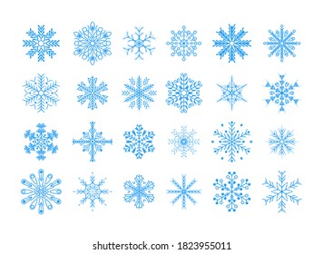 Winter blue snow flakes crystal element. Flat design line snowflakes Christmas and New Year decoration element set. Nice element for Christmas banner, postcards. Vector illustration.
