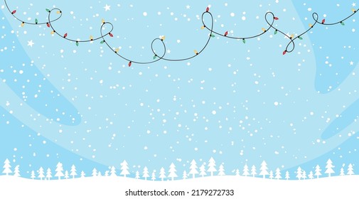 Winter blue snowfall background. Merry christmas and happy new year banner with copy space decorated with christmas trees and garland. Flat vector design.