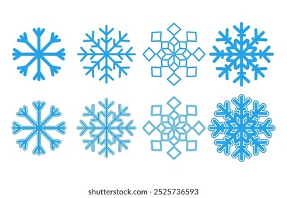 Flocos de neve azul de inverno, com e sem contorno, sobre um fundo branco.