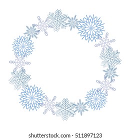 Winter blue snowflakes wreath on white background