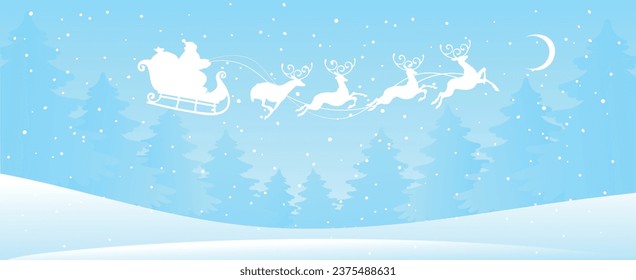 Bosque de nieve azul invernal con la silueta de Santa Claus volando en trineos con reno. Banner navideño moderno con lugar para texto, tarjeta vectorial plana de temporada.