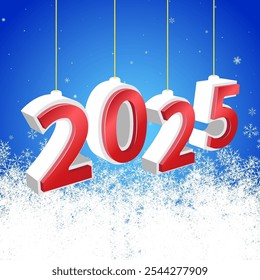 Winter blue square background with snowflakes and volumetric inscription 2025. Festive wintertime template for winter new year party. Snowflakes of frosted winter weather and festive mood. Vector