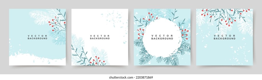 Winter blue square backgrounds. Сute banner with  christmas tree, red berries and snow texture. Editable vector template 
for greeting card, invitation, social media post, poster, mobile apps, web ads