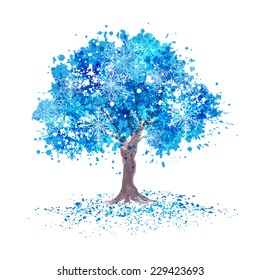 Winter blue tree in abstraction style with snowflakes