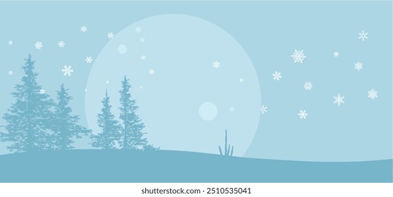Fondo de Vector azul de invierno, Anuncio. Abetos, árboles de Navidad, contra un cielo iluminado por la luna.