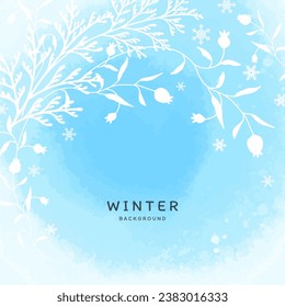 Winter blue vector background with watercolor snow texture and floral elements. Hand drawn Christmas tree branches, berries and snowflakes. Illustration for poster, wallpaper, banner, greeting card