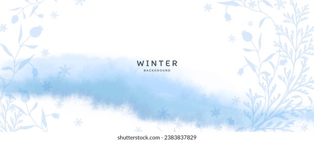 Winter blue vector background with watercolor snow texture and floral elements. Hand drawn Christmas tree branches, berries and snowflakes. Illustration for poster, wallpaper, banner, greeting card