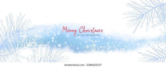 Winter blue vector landscape with watercolor snow texture and pine branches. Artistic abstract Christmas holidays template. Illustration for poster, wallpaper, banner, greeting card, advertising