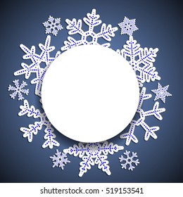 Winter blue  vintage  background with round paper frame and shade for the new year and Christmas design