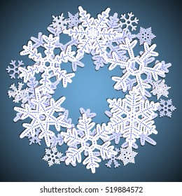 Winter blue vintage  background with round paper frame and shade for the new year and Christmas design