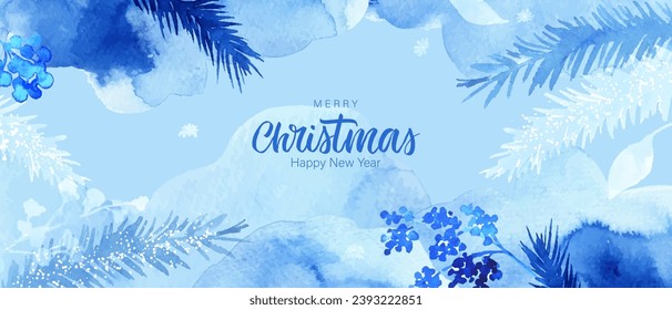 Winterblauer Hintergrund, Rahmen, Geschenkkarte. Handgezeichnete Kiefernäste, Blätter, pflanzliche Stoffe. Weihnachten, Stimmung im Neujahr. Urlaubskarte, Bannerkomposition.
