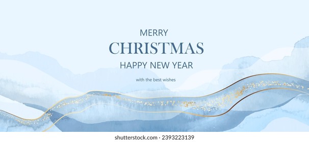 Winter blue watercolor background, frame, gift card. Hand drawn  abstract waves, lines. Christmas, New Year mood design. Holiday greeting card, banner composition.
