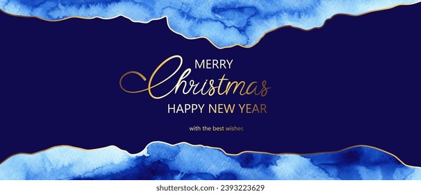 Winter blue watercolor background, frame, gift card. Hand drawn  abstract wash, texture. Golden lines. Christmas, New Year mood design. Holiday greeting card, banner composition.
