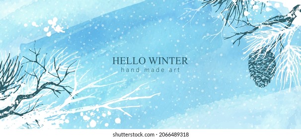 Winter blue watercolor background. Hand drawn tree, pine branches. Christmas, New Year mood landscape. Frozen forest, snowflakes, snowfall.