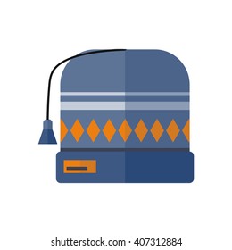 Winter blue wool hat icon. Knitted winter woolen cap isolated on white background. Flat icon winter snowboard hat cap. Vector illustration