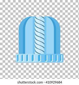 Winter blue wool hat icon. Knitted winter woolen cap isolated on checkered background. Flat icon winter snowboard hat cap. Vector illustration