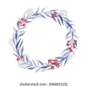 Winter blue wreath. Watercolor christmas illustration. Christmas wreath with berries. 