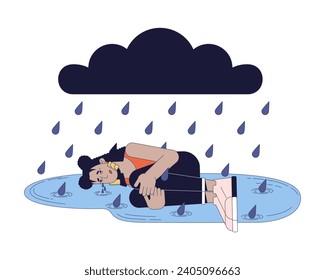 Winter blues sad woman 2D linear illustration concept. Latina woman depressed crying cartoon character isolated on white. Seasonal affective disorder metaphor abstract flat vector outline graphic