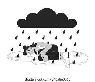 Winter blues sad woman black and white 2D illustration concept. Latina woman depressed crying cartoon outline character isolated on white. Seasonal affective disorder metaphor monochrome vector art