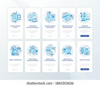 Winter blues symptoms onboarding mobile app page screen with concepts set. High-risk groups walkthrough 5 steps graphic instructions. UI vector template with RGB color illustrations