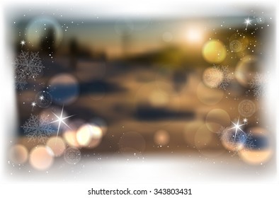 Winter blurred background with bokeh, shines and snowflakes for Merry Christmas and Happy New Year greeting card - vector illustration