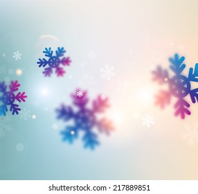 El invierno desdibuja el fondo bokeh con los copos de nieve. Diseño de vacaciones para tarjetas de felicitación de Año Nuevo, afiches y volantes. Vector.