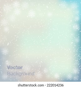 Winter Blurred Bokeh Background with Glow Snowflakes. Holiday Design for New Year Greeting Cards, Posters and Flyers. Vector. 