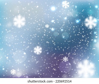 Winter blurred bokeh background with glowing snowflakes.Great holiday design for New Year greeting cards, posters and flyers, etc