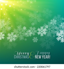 Winter Blurred Bokeh Background with Snowflakes. Holiday Design for New Year and Christmas Greeting Cards, Posters and Flyers. Vector illustration. Sunbeams.