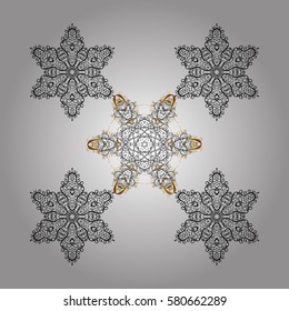 Winter boarder. Christmas snowflakes in white and yellow colors with doodles and dots on white background. Floral border. Vector pattern, seamless, Christmas background.