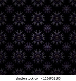 Winter boarder. Floral border. Vector pattern, seamless, Christmas background. Christmas snowflakes in brown, purple and violet colors with doodles and dots on black background.