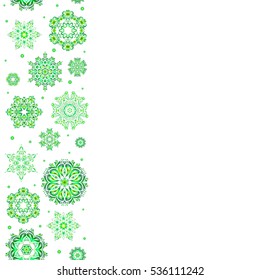 Winter boarder. Vertical floral border. Christmas snowflakes in green colors with doodles and dots on white background. Vector pattern, seamless, Christmas background.