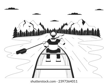 Winter boating season black and white cartoon flat illustration. Kayaking snow. Latino fisherman fishing boat 2D lineart character isolated. Watersports activity monochrome scene vector outline image