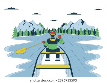 Winter boating season line cartoon flat illustration. Kayaking snow. Latino fisherman fishing boat 2D lineart character isolated on white background. Watersports activity scene vector color image