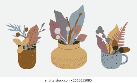 Winter bohemian bouquets: Collection of botanical compositions in vases. Trendy dried wild grass, flowers, leaves, plants. Hand drawn flat illustration. Elegant boho interior floral decor