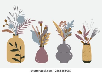 Winter bohemian bouquets: Collection of botanical compositions in vases. Trendy dried wild grass, flowers, leaves, plants. Hand drawn flat illustration. Elegant boho interior floral decor