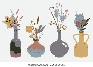 Winter bohemian bouquets: Collection of botanical compositions in vases. Trendy dried wild grass, flowers, leaves, plants. Hand drawn flat illustration. Elegant boho interior floral decor