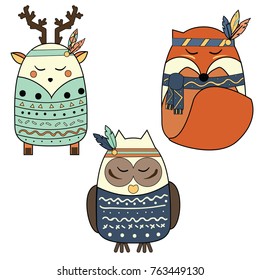 winter boho animals in hand drawn style. Tribal Deer, fox, owl
