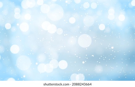 Winter bokeh background with falling snow and white stars. Bokeh christmas blurred beautiful shiny Christmas lights. Elegant Christmas and New Year background with snow and place for text.Vector EPS10