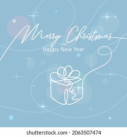 Winter bokeh background, lettering and gift in one line. Vector illustration