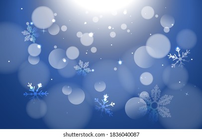 Winter bokeh background with snowflakeswith, white bokeh lights for Holiday Poster, Banner, Card. Seasonal holidays blue background. Vector Illustration. Abstract bright white shimmer lights and snow