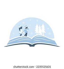 winter book, boy and girl surrounded with snowflakes and pine trees