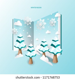 winter book with pine tree and snow