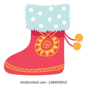 Winter boot icon. Warm fur shoe. Red holiday symbol isolated on white background