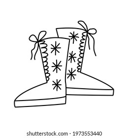 Winter boots with a drawstring. Winter warm shoes decorated with snowflakes. Vector illustration.